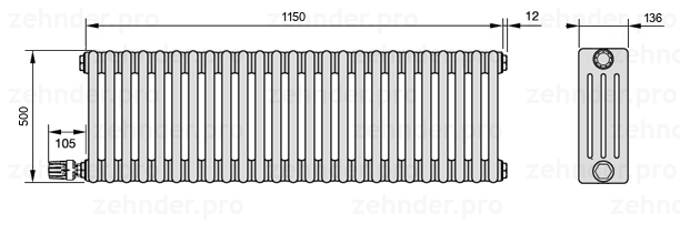 Схема (чертеж) Радиатор Zehnder Charleston 4050/25 №V004 Белый глянцевый RAL 9016